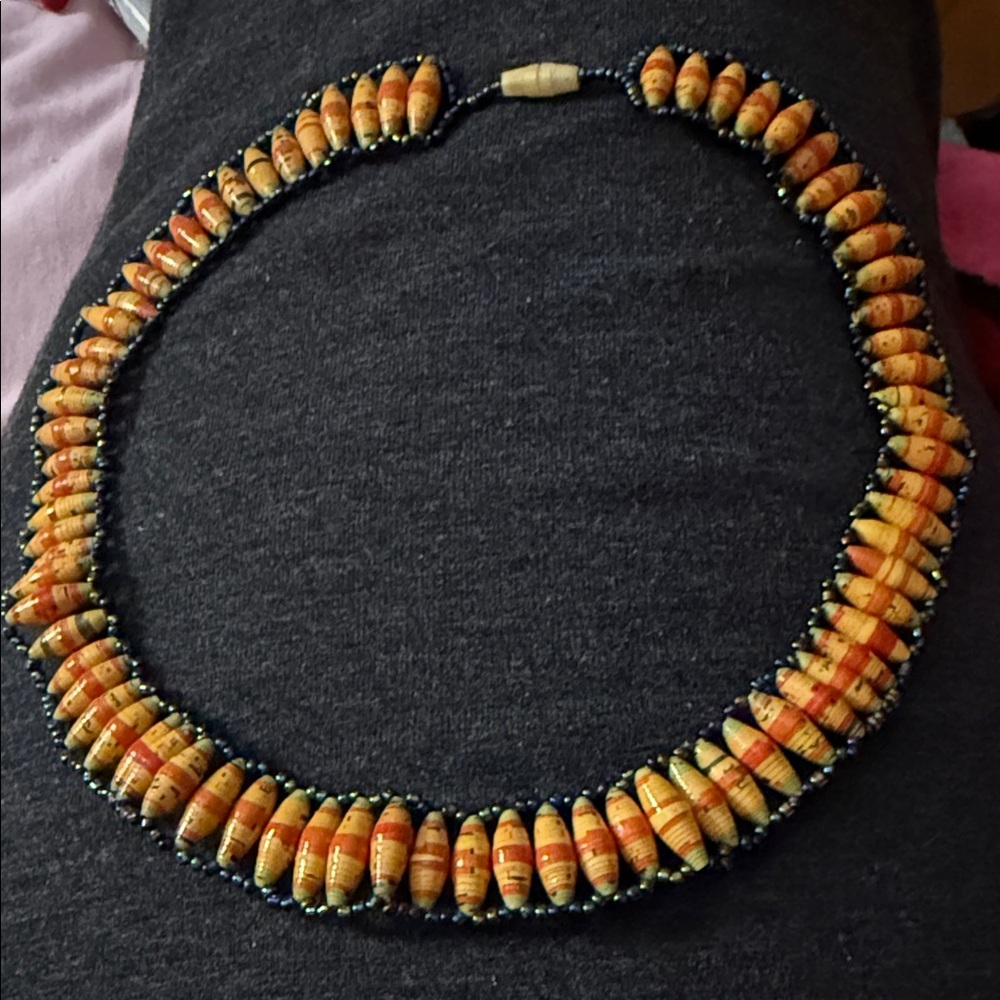 Antique 1870’s-1890’s African Hebron Trade Beaded Necklace  yellow w/ orange 7”